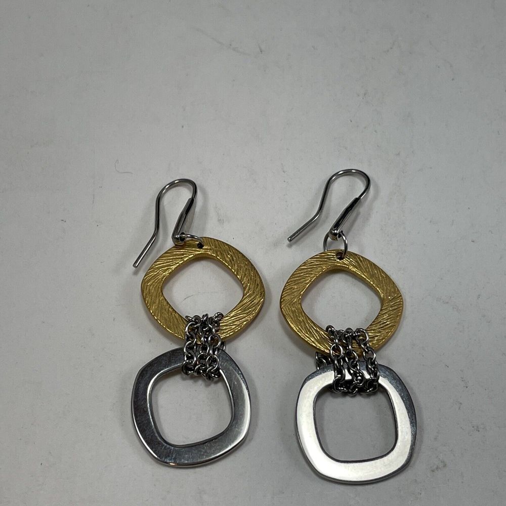 QVC Steel By Design Two Tone 28” Necklace & 8” Bracelet Earrings Rounded Square - Picture 9 of 16
